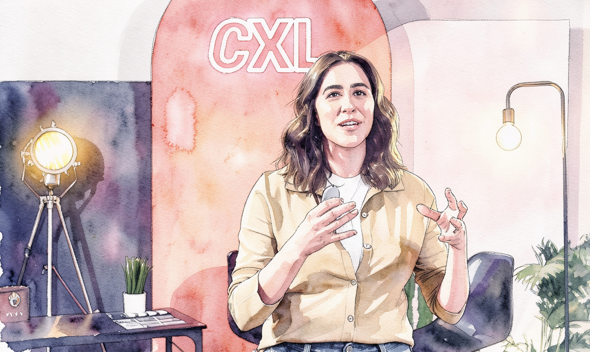 Watercolour of Maya in a studio conversation