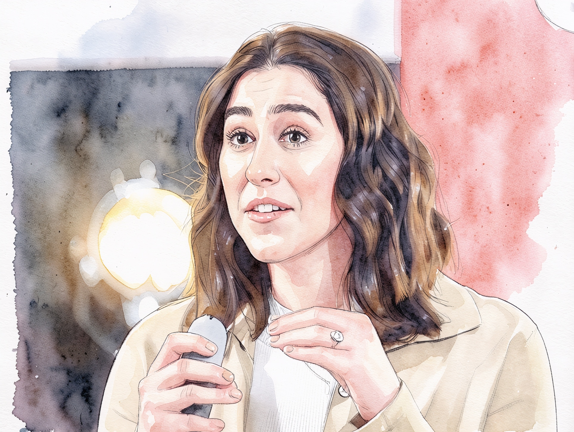 Watercolour study of Maya speaking, microphone in hand